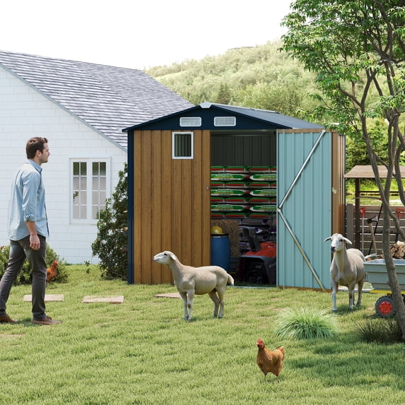 HomeMindful 6 ft x 8 ft Yellow compact steel outdoor storage shed with lockable doors and louver vents