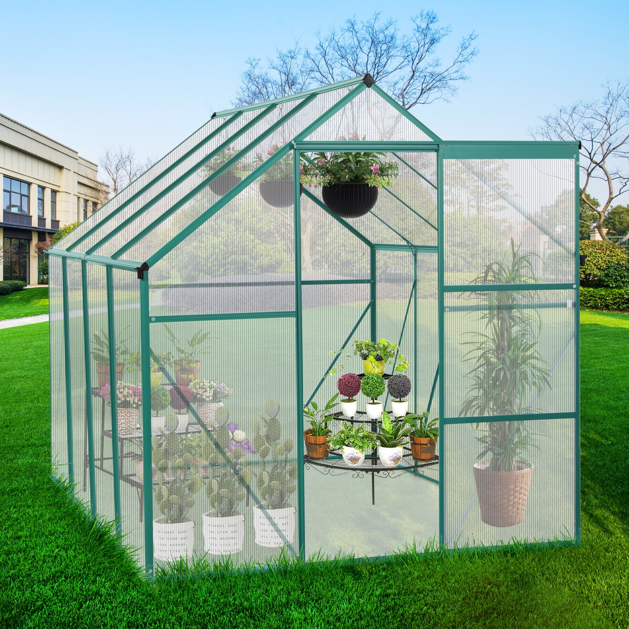6x8 FT Green Polycarbonate Walk-In Greenhouse with Sliding Door and Aluminum Frame