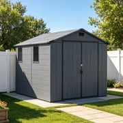 6x8 FT Resin Outdoor Storage Shed , Plastic Garden Shed | Waterproof Tool Storage Shed with Lockable Door and with Window for Backyard, Patio, Lawn, Gray
