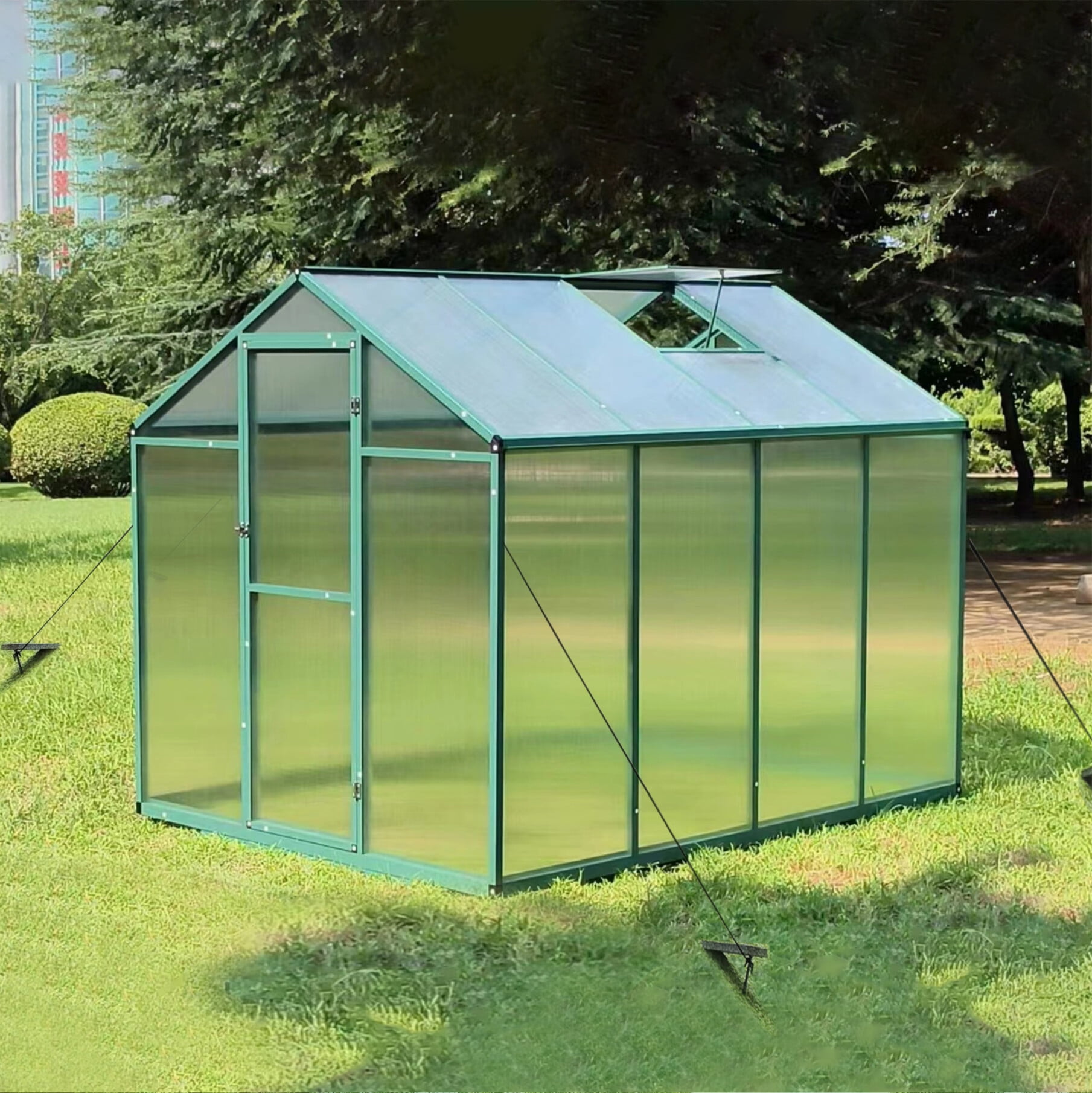 6x8 FT Walk-In Polycarbonate Greenhouse with Roof Vent & Rain Gutter, Durable Aluminum Frame for Year-Round Gardening, UV Protection for Plants, Ideal for Patio or Backyard