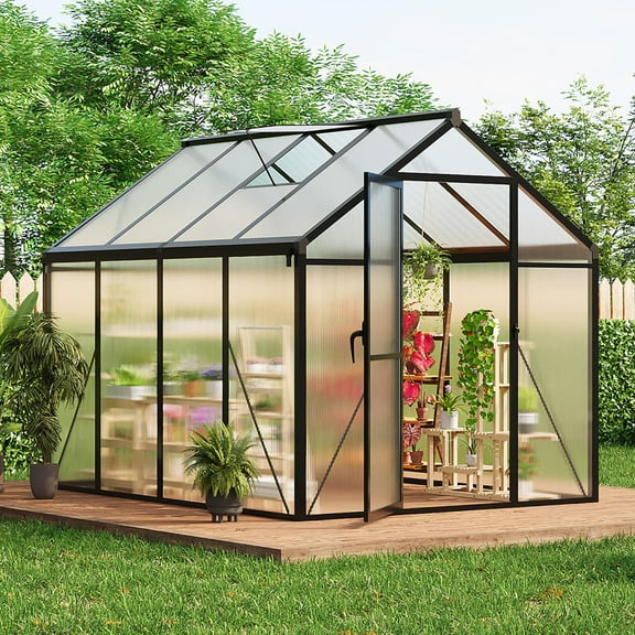 6x8 FT Walk-in Greenhouse, Heavy-Duty Aluminum Frame, Polycarbonate Panels, Easy Assembly, Roof Vent, Ground Anchors, Sliding Lockable Door for Backyard, Black