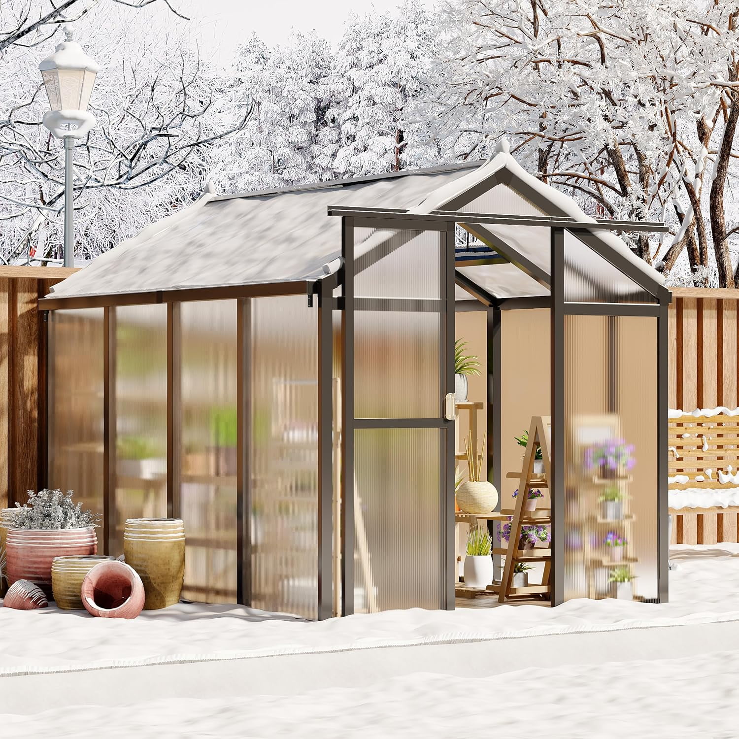 6x8 FT Walk-in Greenhouse for Outdoors – Aluminum Frame, Polycarbonate Panels, Roof Vent, Rain Gutter, Sliding Lockable Door, Easy Setup for Garden & Backyard, Black