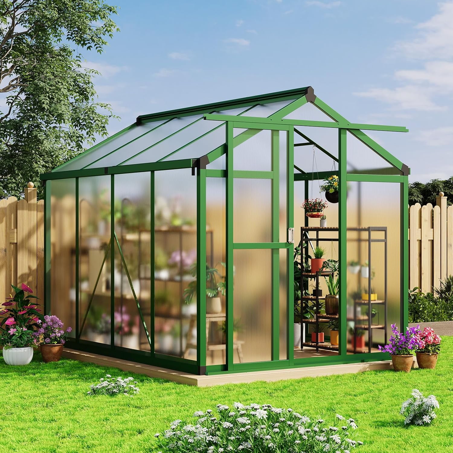 6x8 FT Walk-in Greenhouse for Outdoors – Aluminum Frame, Polycarbonate Panels, Roof Vent, Rain Gutter, Sliding Lockable Door, Easy Setup for Garden & Backyard, Green