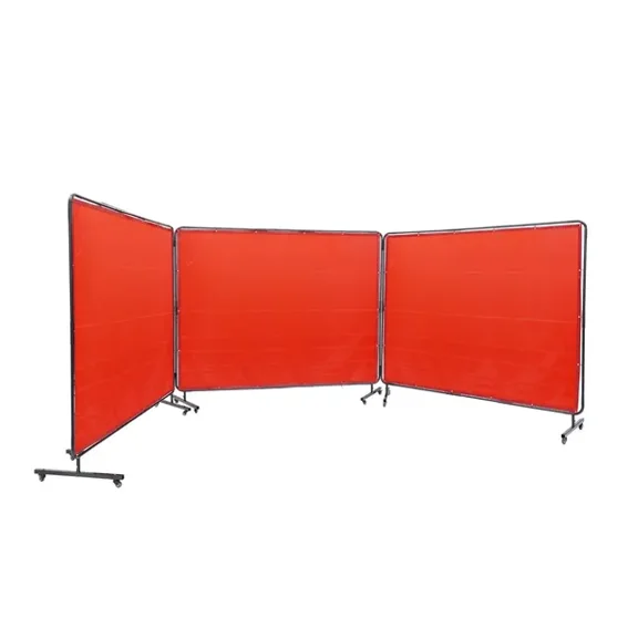 6x8 Feet 3 Panel Welding Curtain Screen with Frame Flame Resistant Vinyl on 12 Swivel Wheels 6 Lockable Mobile Professional Workshop Safety Screen Red