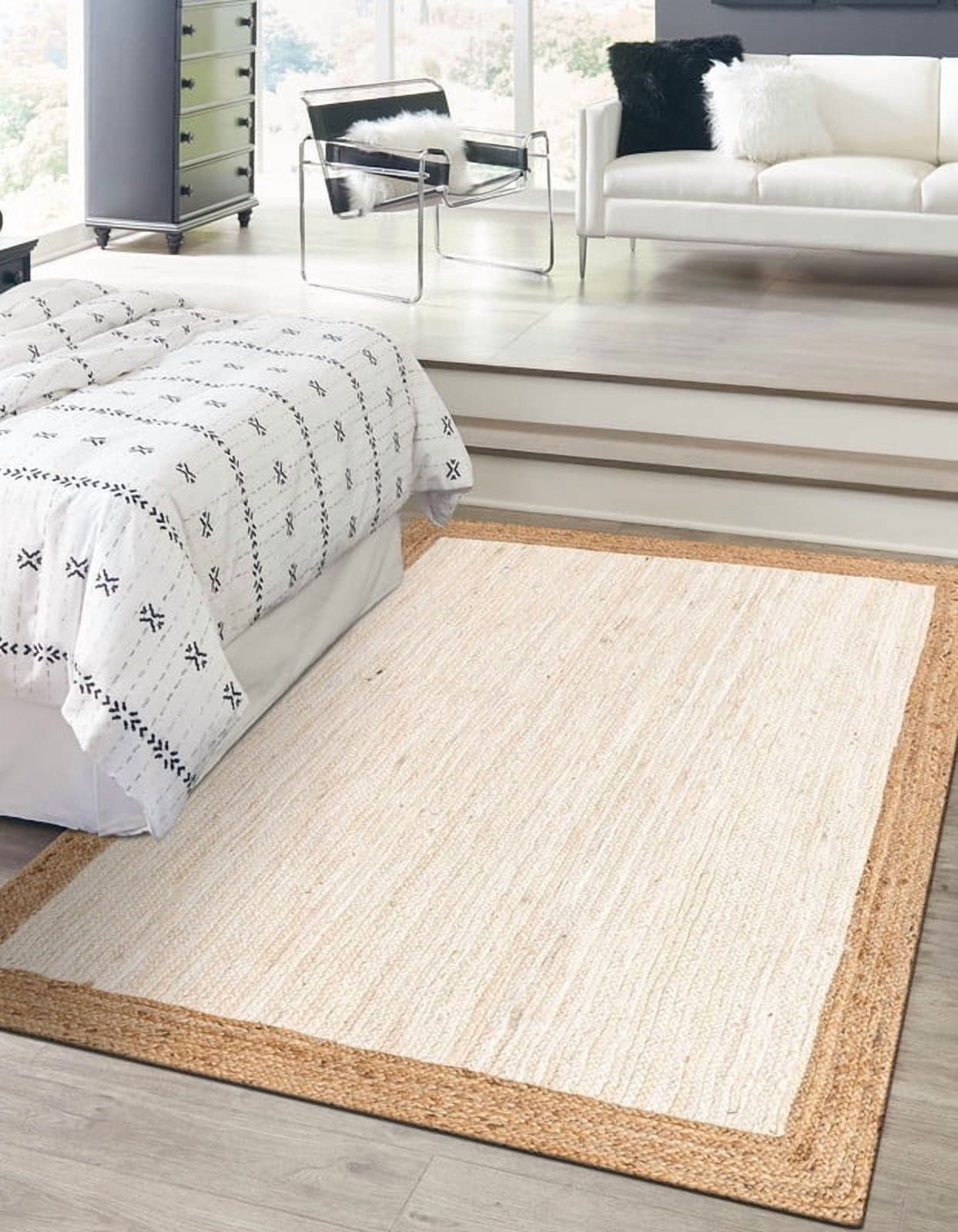 6x8 Ft White Jute Area Rug, Hand-Woven, Reversible, Farmhouse Boho Style, Durable & Pet-Friendly Rug for Living Room, Dining Room, and Bedroom