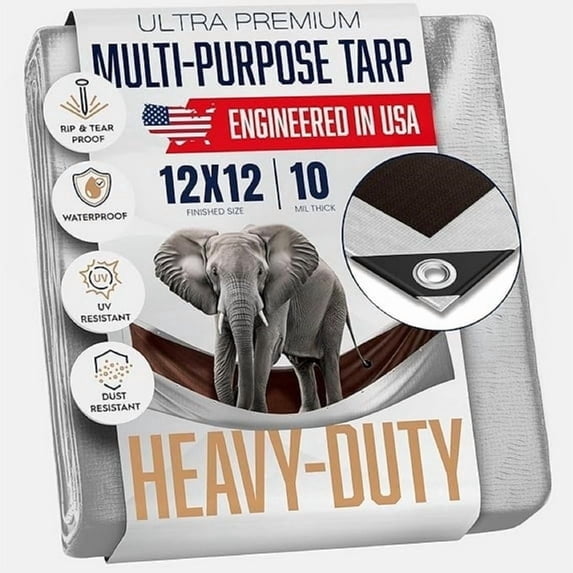 12x12 Heavy Duty Tarp, 10 Mil Thick, Waterproof, High Durability, Tear & Fade Resistant, UV Treated, Grommets Every 18 Inches (12x12 feet)
