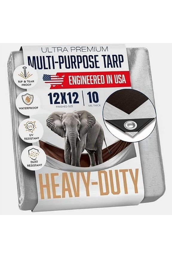 12x12 Heavy Duty Tarp, 10 Mil Thick, Waterproof, High Durability, Tear & Fade Resistant, UV Treated, Grommets Every 18 Inches (12x12 feet)
