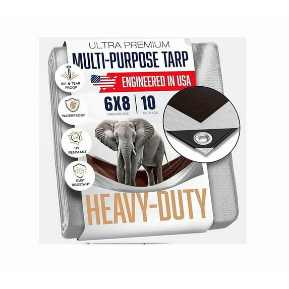 6x8 Heavy Duty Tarp, 10 Mil Thick, Waterproof, High Durability, Tear & Fade Resistant, UV Treated, Grommets Every 18 inches (6' x '8' feet)