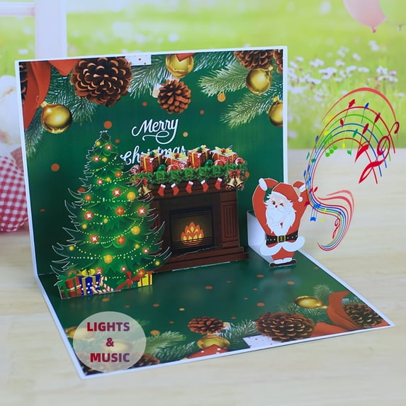 6x8 Inch 3D Pop-Up Christmas Greeting Card with Santa Claus, Christmas Tree, Glowing Fireplace, and Music, with Envelope – Perfect Holiday Card for Christmas Decorations, Gifts, and Festive Wishes