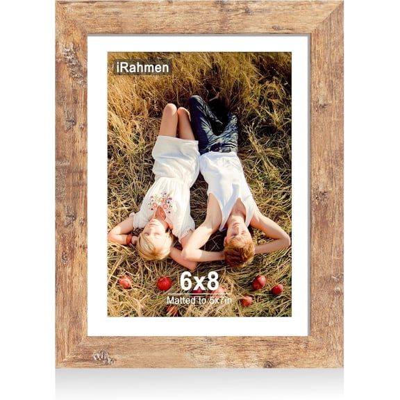 6x8 Picture Frame with HD Tempered Glass, Display Pictures 5x7 with Mat or 6 x 8 Without Mat, Wood Photo Frames for Tabletop and Wall Mount (Rustic Brown, 1 Pack)