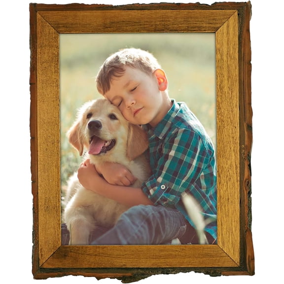 , 6x8 Picture Frame Rustic Brown, Solid Wood Picture Frame with Bark Edges & Real Glass Cover, Display Posters/Photos/Prints 6x8 for Wall Mounting, Farmhouse Decor