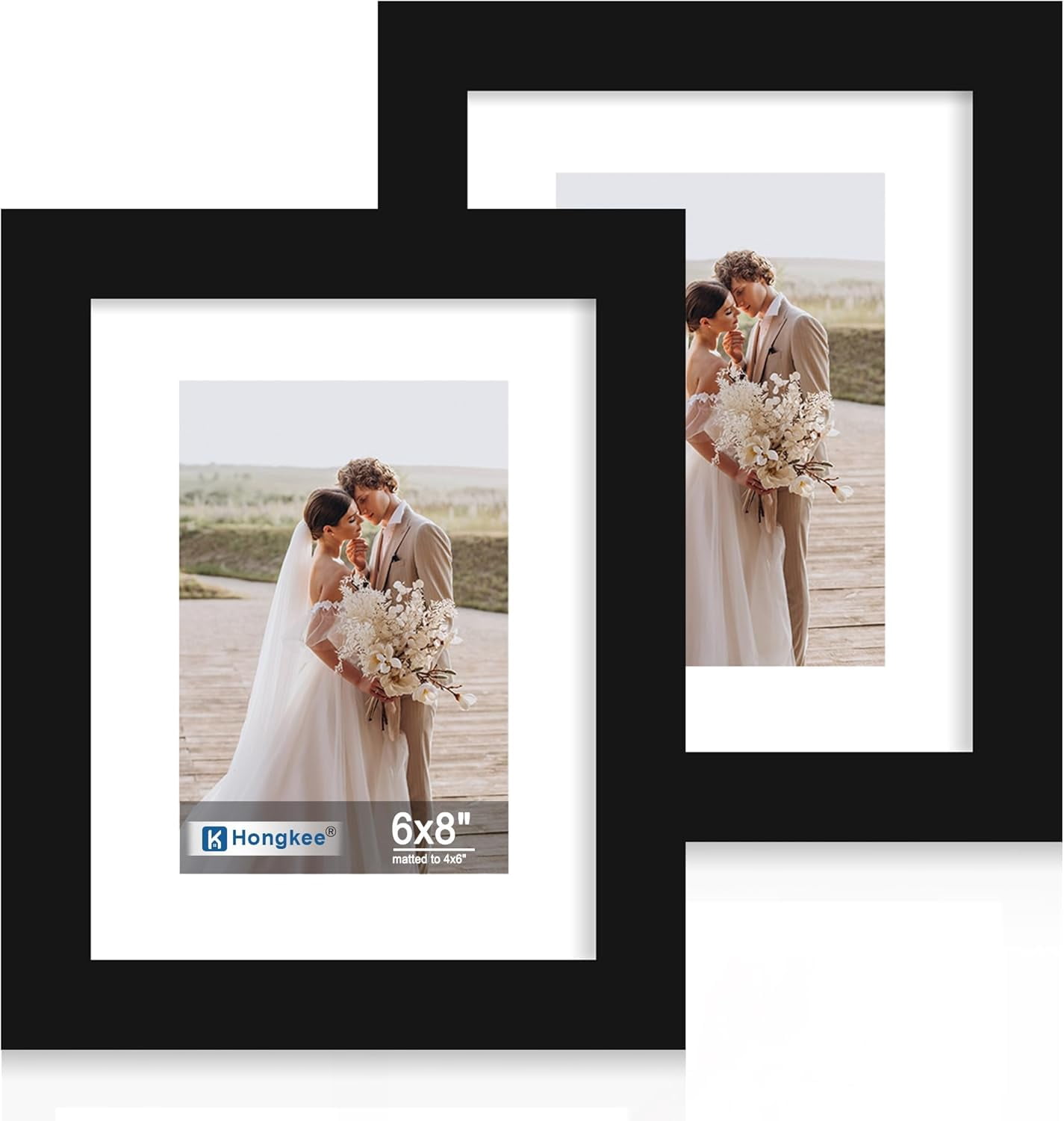 6x8 Picture Frame Set of 2, Made of Real Glass and Black Wooden Frame - Display Pictures 4x6 with Mat or 6x8 Without Mat, 6 by 8 Photo for Wall or Tabletop