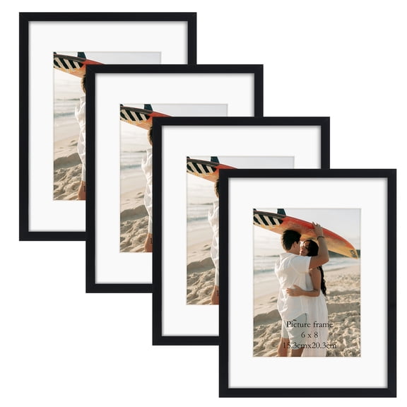 6x8 Picture Frame Set of 4, Black Frame Fits 8.5x11 without Mat or 6x8 with Mat