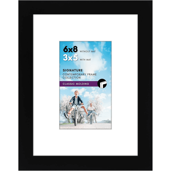 6x8 Picture Frame with Shatter-Resistant Glass - Use as 3x5 Frame with Mat or Display 6x8 Photo Without Mat - Signature Collection - Picture Frames for Tabletop and Wall Display - Black
