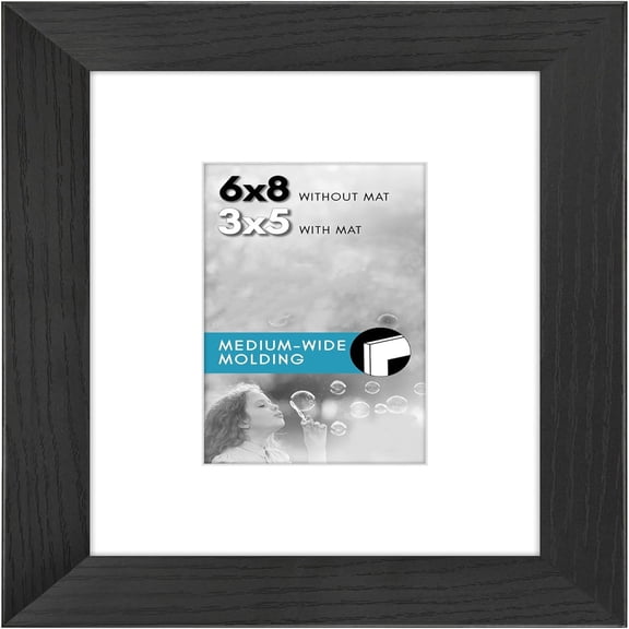 6x8 Picture Frame with Shatter-Resistant Glass - Use as 3x5 Frame with Mat or Display 6x8 Photo Without Mat - Wide Picture Frames for Tabletop and Wall - Black