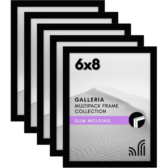 6x8 Picture Frame with Polished Plexiglass - Set of 5 - Galleria Collection - Picture Frames for Tabletop and Wall Display - Black