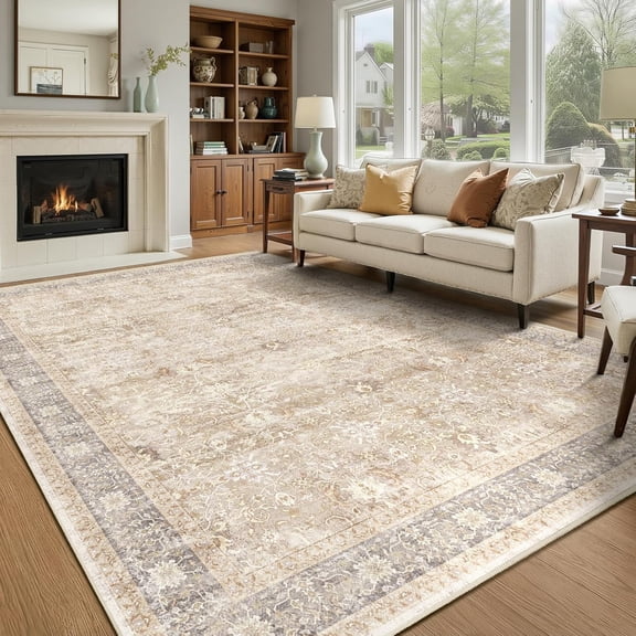 6x8 Vintage Neutral Living Room Rug, Washable Non-Slip Low Pile Thin Carpet, Farmhouse Beige Taupe