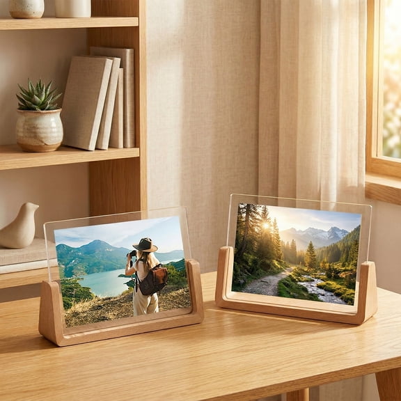 6x8 Rustic Wood Picture Frames Set of 2, U-Shaped Base Beech Wood Photo Frames, Double Sided Horizontal Acrylic Covers, Menu Holder Sign Card Stand for Tabletop Desktop Home Office Decor