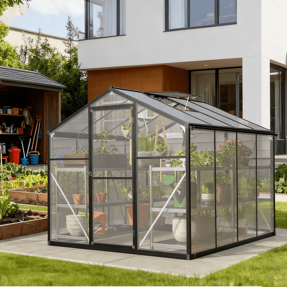 TRAMULL 6x8 ft Polycarbonate Greenhouse for Outdoors, Upgraded Heavy Duty Aluminum Frame Walk-in Green House Garden Adjustment Roof Vent,Hinged Door,Rain Gutter