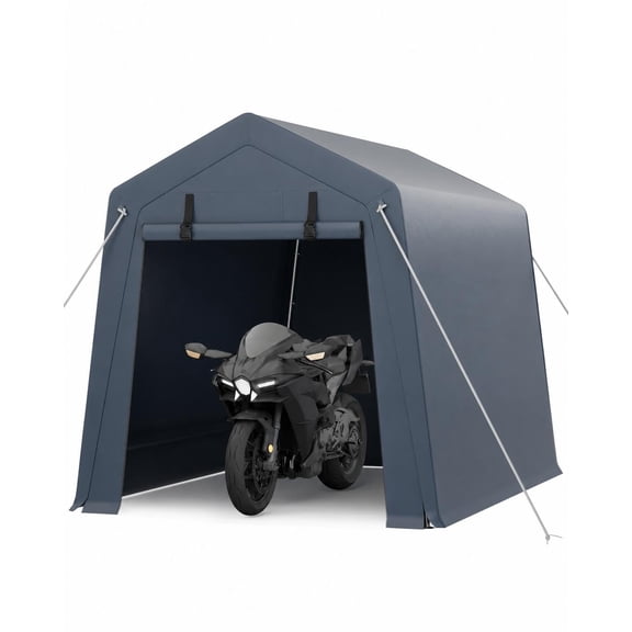 6x8 ft Portable Outdoor Storage Shed with roll-up zippered door, heavy-duty UV resistant carport shelter, waterproof structure ideal for motorcycle and lawn mower storage double gray
