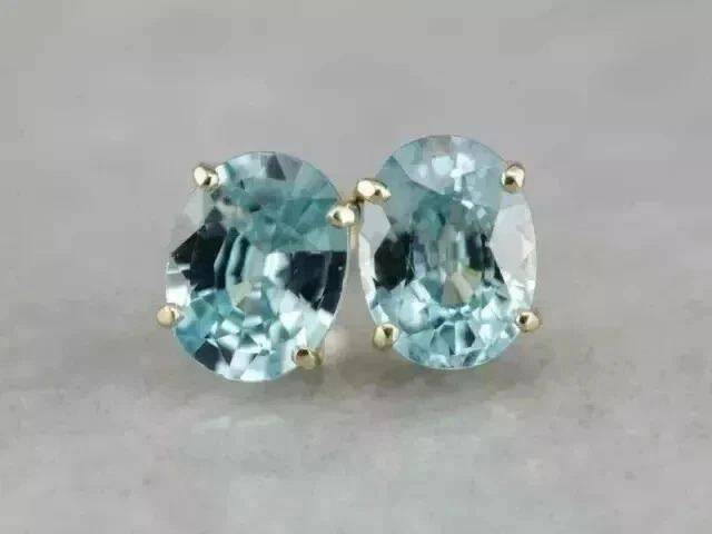 6x8 mm Oval Cut Simulated Aquamarine Screw Back Solitaire Stud Earring 14k Yellow Gold Plated Silver Gift for Her