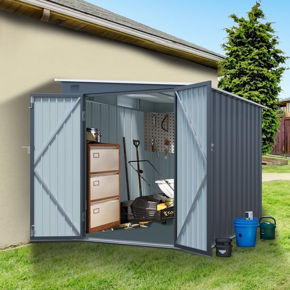6x8FT Outdoor Storage Shed, Galvanized Steel Outdoor Storage Shed with Lockable Double Doors, Metal Lean to Shed with Free PC Light Board for Tools, Bikes & Patio Essentials