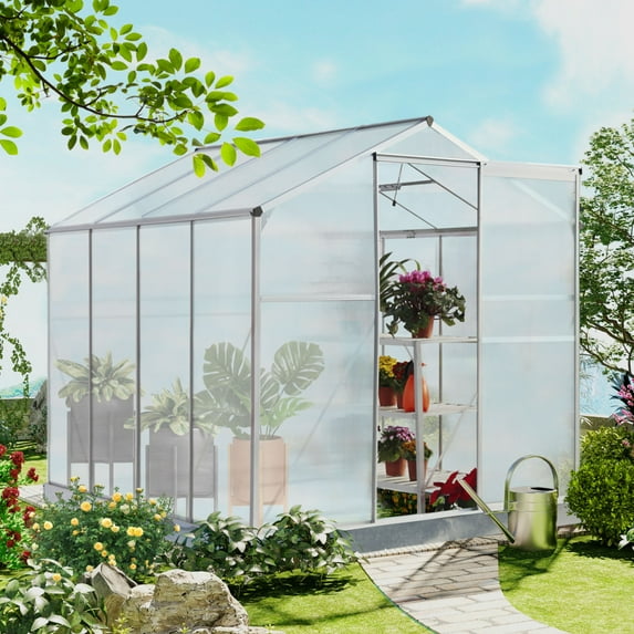 6x8FT Polycarbonate Greenhouse with Adjustable Roof and Drainage System, Thickened Aluminum Heavy Duty Walk-in Greenhouse with Sliding Door, Portable Green House in all Season, Silver
