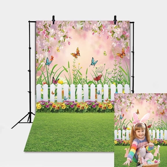 6x8FT Spring Backdrop Spring Easter Garden Background for Photography Green Grass Lawn Floral Butterfly Fence Photo Booth Props