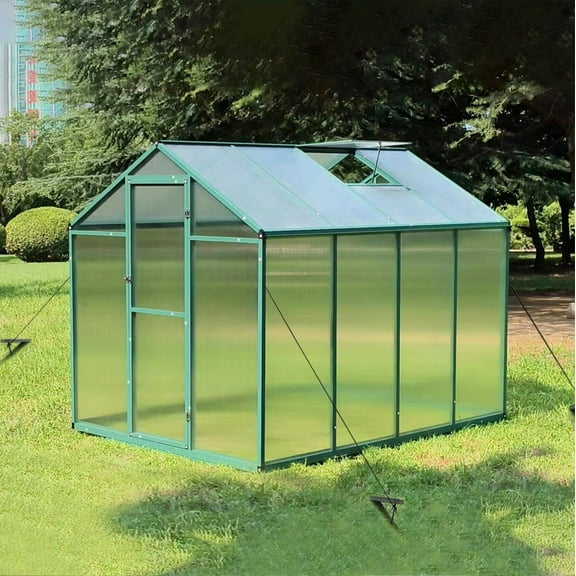 6x8FT Weather-Resistant Polycarbonate Greenhouse with Roof Vent & Rain Gutter, Aluminum Frame for Year-Round Patio Gardening, Easy Assembly Walk-In Outdoor Growing Shelter
