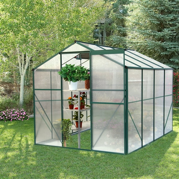 6x8ft Greenhouse Polycarbonate, Walk In Heavy Duty Greenhouse, Grow Plant Herbs Flowers Hot House, With Aluminum Frame, Clearstory For Outdoor Garden