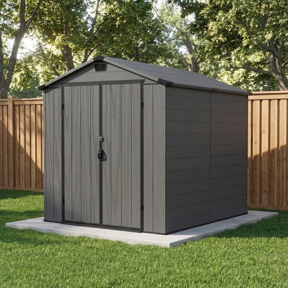 Homall 6 ft x 8 ft outdoor resin storage shed with window, dark gray wood-effect for garden tools