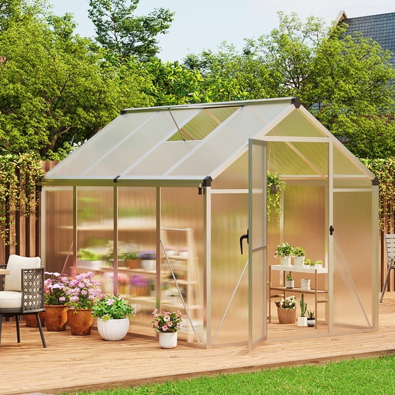 6x8ft Walk-in Greenhouse with Roof Vent & Lockable Outward-Opening Swing Door, Heavy Duty Aluminum Frame Polycarbonate Roof