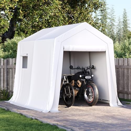 6x8x7 FT Outdoor Portable Storage Shed Tent with Roll-up Zipper Door and Window Portable Carport with Waterproof Tarp Galvanized Steel for Motorcycle, Generator, Bike Storage (White)