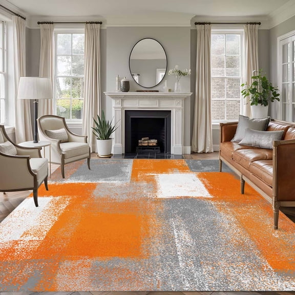 6x9 Abstract Art Large Area Rug for Living Room, Washable Non Slip Low Pile Soft Large Rug for Bedroom Dining Room, Orange Grey Modern Painting Open Floor Rug