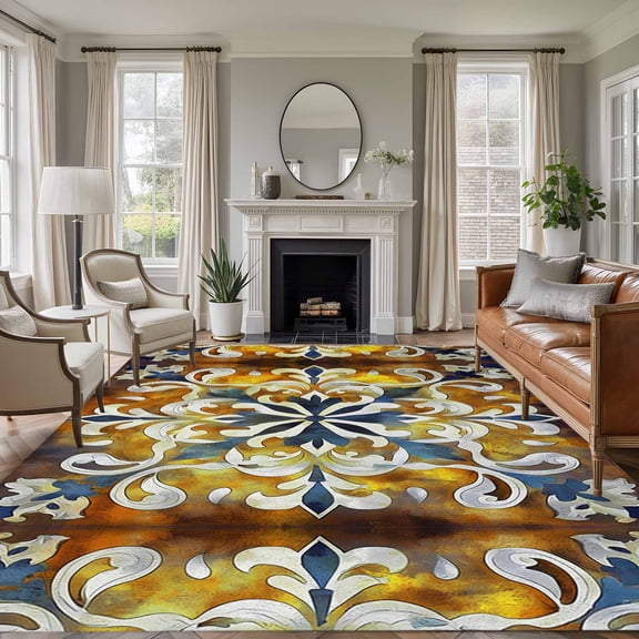 6x9 Abstract Blue Yellow Flowers Large Area Rug for Living Room, Washable Non Slip Low Pile Soft Large Rug for Bedroom Dining Room, Ethnic Style Open Floor Rug