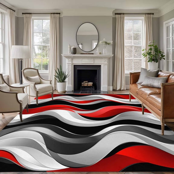 6x9 Abstract Red Grey Black Striped Large Area Rug for Living Room, Washable Non Slip Low Pile Soft Large Rug for Bedroom Dining Room, Modern Art Open Floor Rug