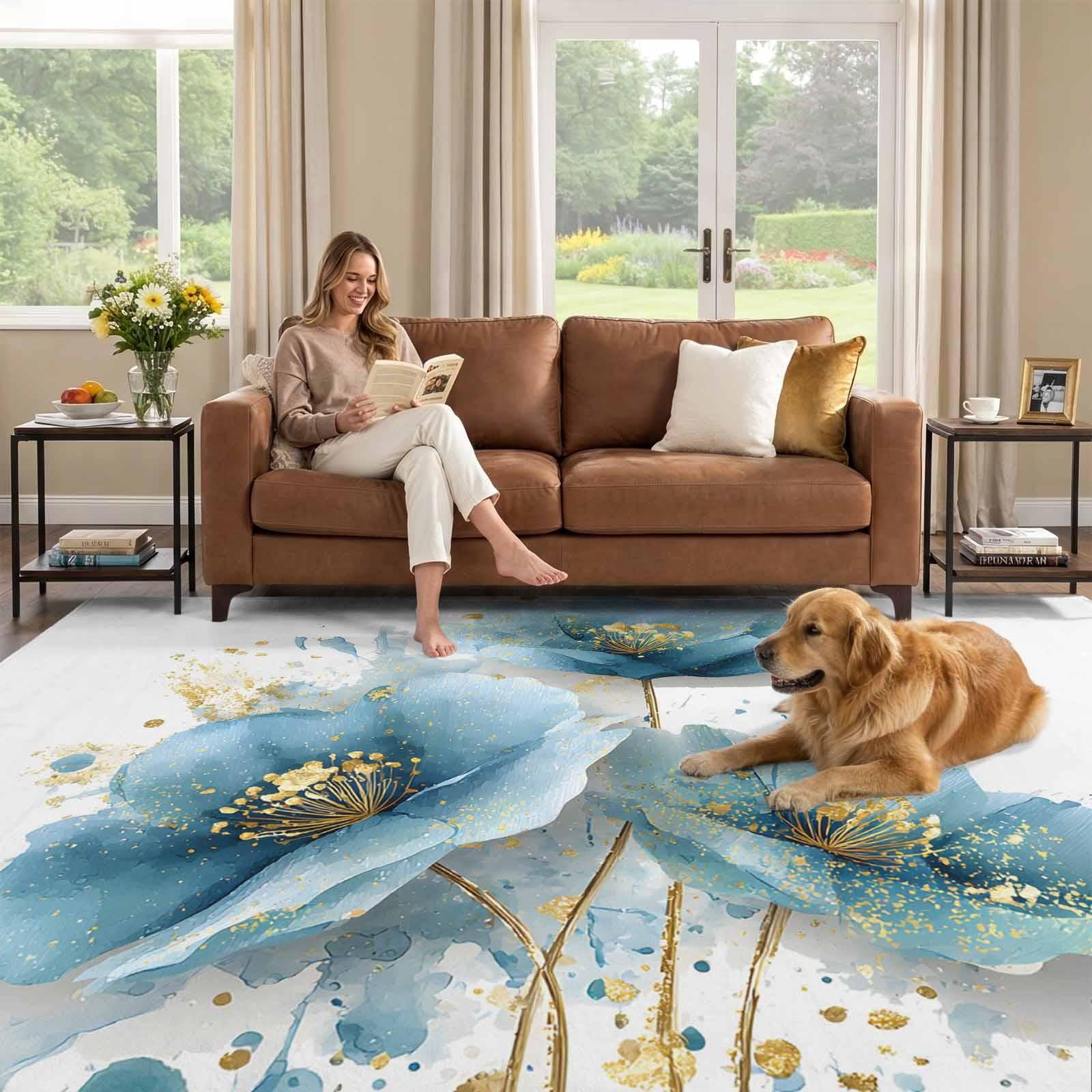 6x9 Area Rug, Blue Spring Floral Low Pile Washable Rugs for Dorm Room ...