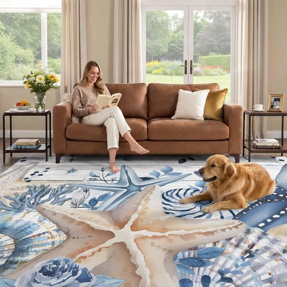 6x9 Area Rug, Blue Starfish Coastal Low Pile Washable Rugs for Dorm ...
