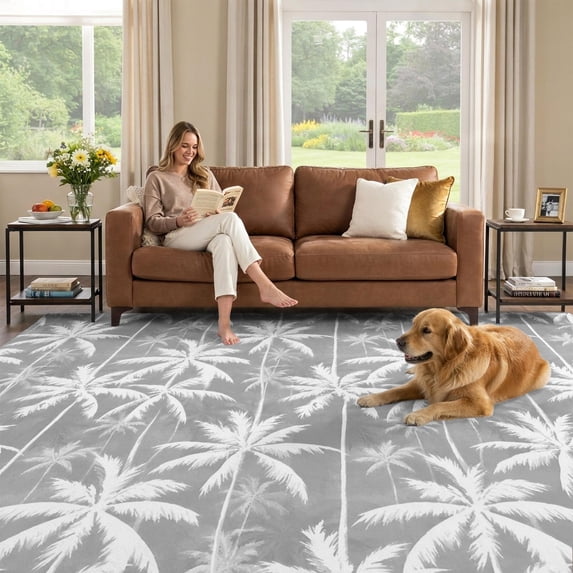 6x9 Area Rug, Coastal Palm Trees Low Pile Washable Rugs for Dorm Room ...