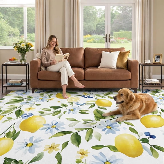 6x9 Area Rug, Lemon Eucalyptus Low Pile Washable Rugs for Dorm Room ...