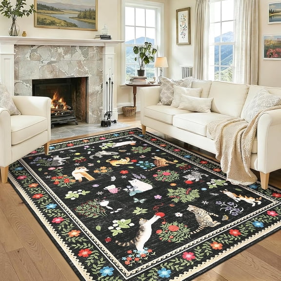 6x9 Area Rug Living Room, Cute Cat Print Throw Rugs with Rubber Backing Washable, Non Shedding Stain Resistant Floral Carpet Foldable Low Pile Soft Mats for Bedroom, Dining Room, Nursery, Black