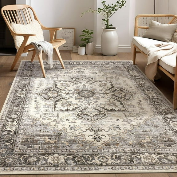 Toyoso 6x9 Area Rug Living Room Rugs - Soft Machine Washable Oriental Vintage Floral Distressed Rug Large Indoor Floor Carpet for Bedroom Under Dining Table Home Office Decor - Grey Brown
