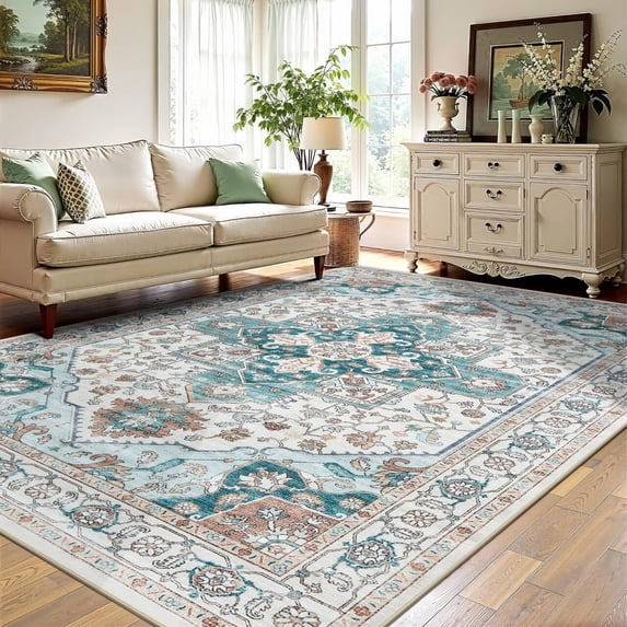 6x9 Area Rug Living Room Rugs - Washable Boho Rug Vintage Oriental Distressed Farmhouse Large Thin Indoor Carpet for Living Room Bedroom Under Dining Table Home Office-BrownGreen