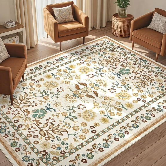 Toyoso 6x9 Area Rug Living Room Rugs - Washable Vintage Floral Soft Thin Large Rug Indoor Floor No Slip Rug Carpet for Bedroom Under Dining Table Home Office Decor - Brown Green