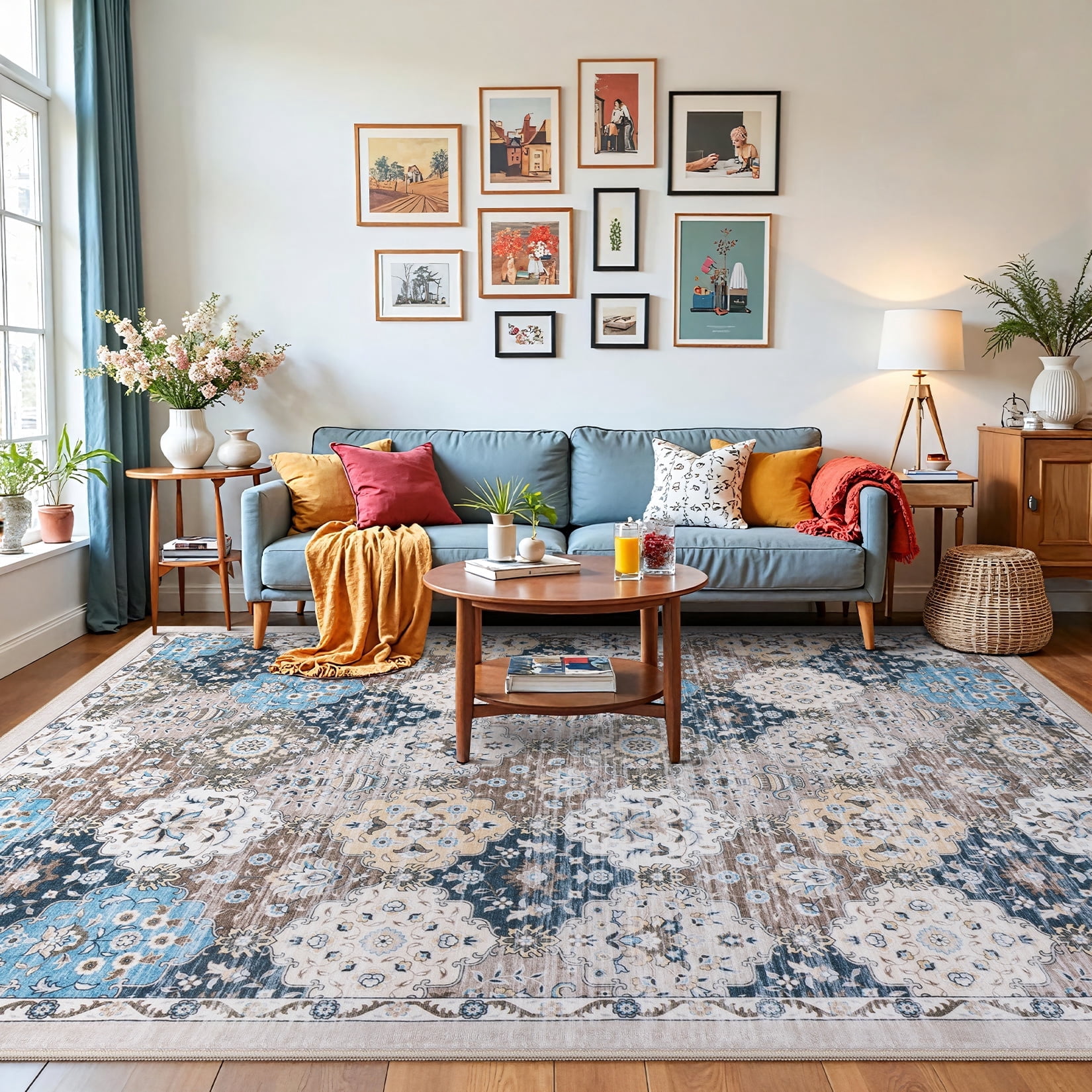 Toyoso 6x9 Area Rug Living Room Rugs - Washable Vintage Floral Soft Thin Large Rug Indoor Floor No Slip Rug Carpet for Bedroom Under Dining Table Home Office Decor - Multi Blue