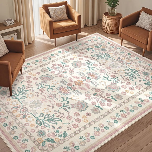 Toyoso 6x9 Area Rug Living Room Rugs - Washable Vintage Floral Soft Thin Large Rug Indoor Floor No Slip Rug Carpet for Bedroom Under Dining Table Home Office Decor - Pink Green