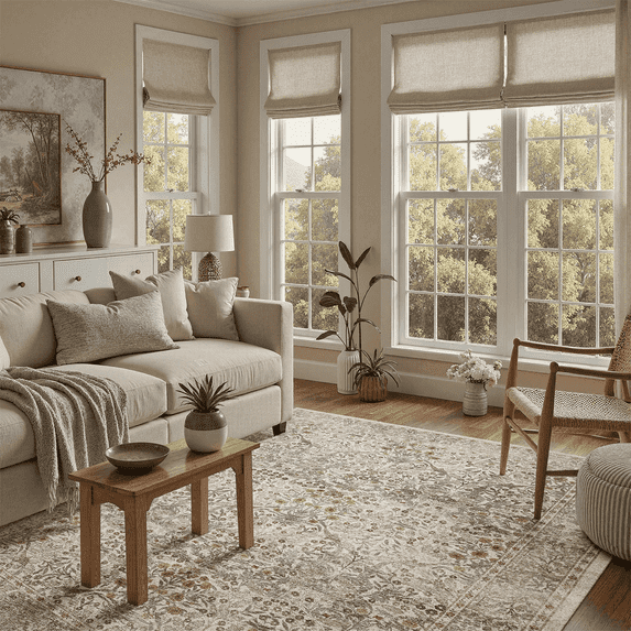 6x9 Area Rug, Machine Washable Non Slip Stain Resistant Soft Vintage Floral Rug, for Living Room, Bedroom, Dining Room, Soft Low Pile Large Carpet-Beige