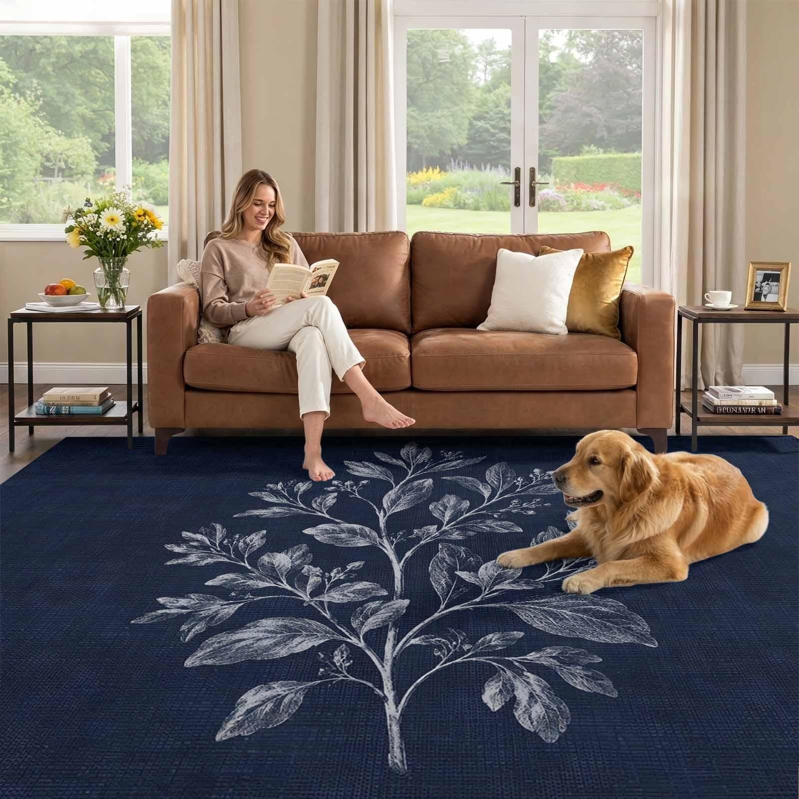 6x9 Area Rug, Navy Blue Botanical Low Pile Washable Rugs for Dorm Room ...