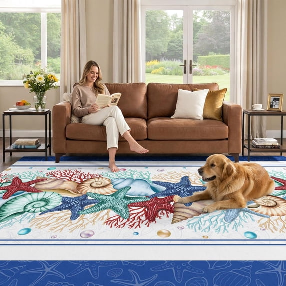 Conch Shell Fod 6x9 Area Rug, Navy Starfish Summer Low Pile Washable Rugs for Dorm Room ...