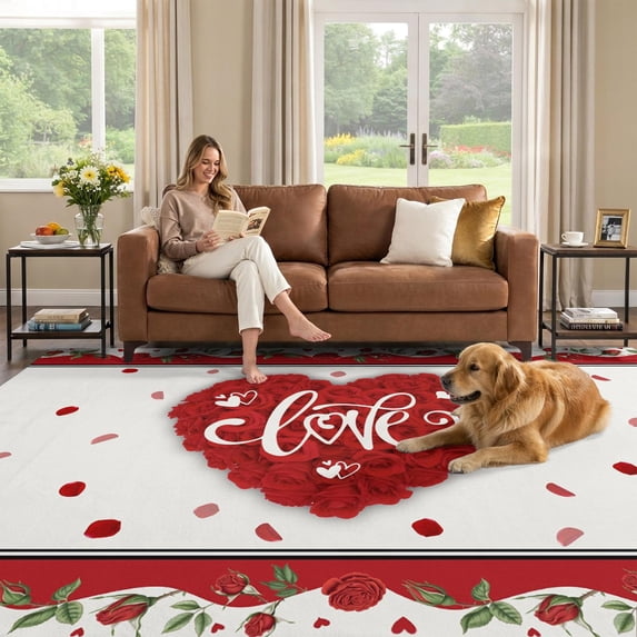 Valentina Red Roses 6x9 Area Rug, Red Valentine's Day Low Pile Washable Rugs for Dorm Room ...
